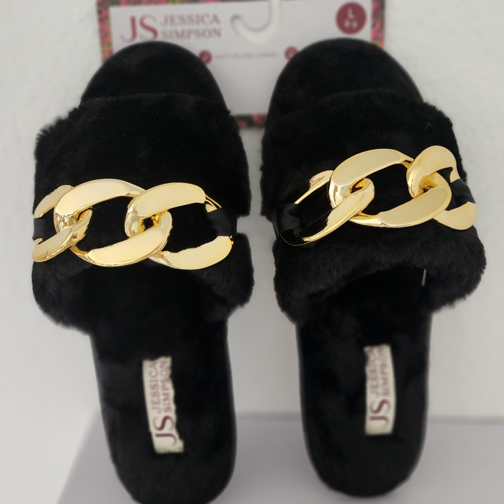 Jessica Simpson Women's Faux Fur Chain Link Embellished Slide Slippers. Size 8-9 - Picture 1 of 7